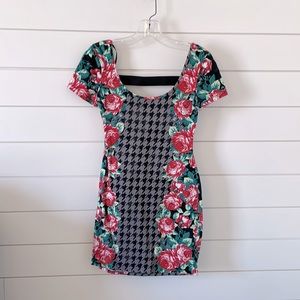 Material Girl Floral and Houndstooth Mini Dress - Red, Green, Black